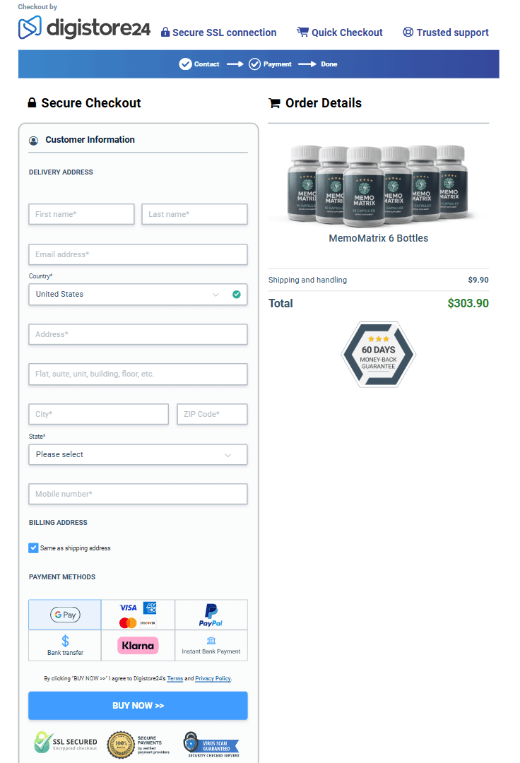 Memo Matrix order page